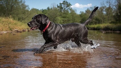 Running black Labrador retriever splashing through shallow creek over small stones, with red collar