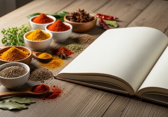 Vibrant assortment of colorful spices beautifully arranged around an open blank recipe book ready for culinary inspiration and delicious creations