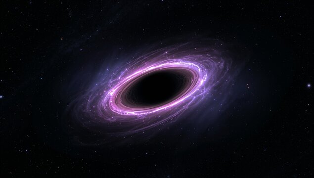 Swirling massive black hole drawing glowing gas in deep space, with purple accretion disk and stars