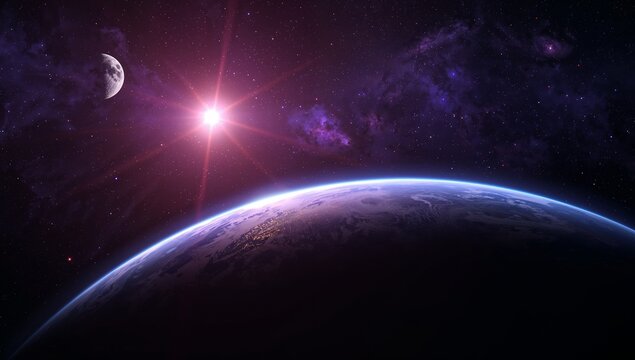Glowing planet limb curving space horizon, with bright star lens flare moon nebula clouds starfield