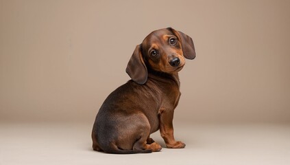 Tilting head smooth brown dachshund puppy gazing back on beige studio backdrop, glossy coat