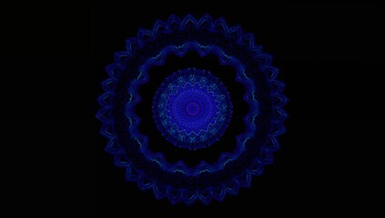 Glowing circular blue fractal pattern radiating on virtual display, with intricate mandala design