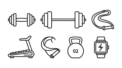 Fototapeta premium Fitness Equipment Icons: This illustration offers a collection of essential fitness equipment, perfect for promoting a healthy lifestyle.