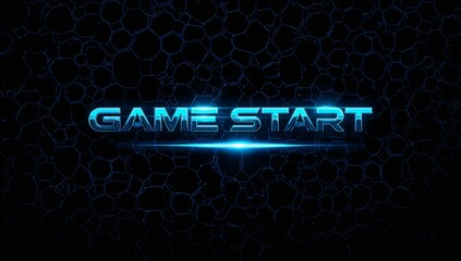Showing neon blue GAME START text pulsing on dark digital sci-fi screen, with hexagon grid