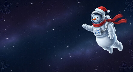 Naklejka premium Cartoon snowman astronaut in a Santa hat flying through a starry night sky