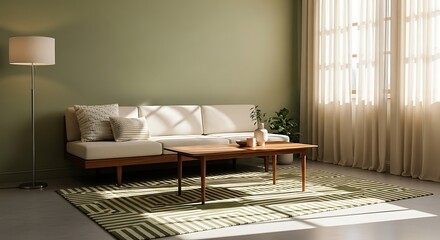mid century modern minimalist living room with olive green and cream palette