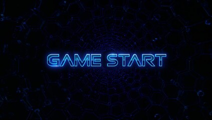 Displaying neon blue text reading GAME START in virtual tunnel, with hexagonal network