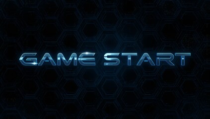 Floating glowing metallic blue text GAME START drifting in game loading screen, with hex grid