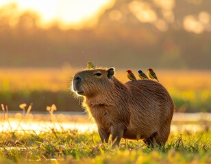 A capybara standing calmly while small colorful birds perch on its back, open grassy wetland