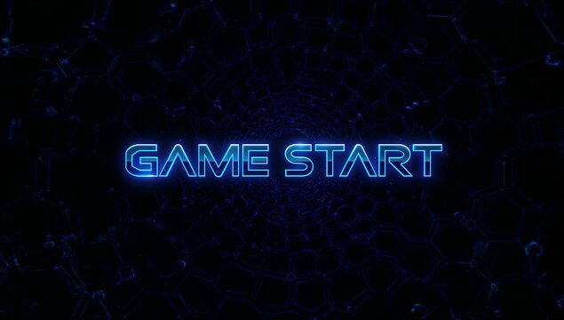 Displaying neon blue text reading GAME START in virtual tunnel, with hexagonal network