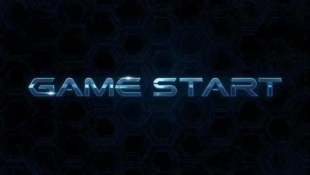 Floating glowing metallic blue text GAME START drifting in game loading screen, with hex grid