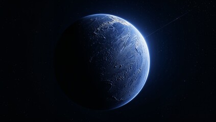 Fototapeta premium Dominating rocky planet showing craters in outer space, with distant stars and faint light streak