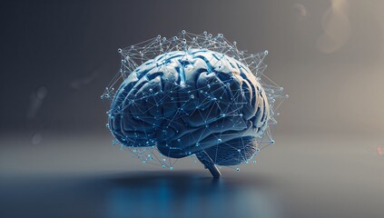 Hovering blue brain model above reflective surface, displaying node network with smooth gradient