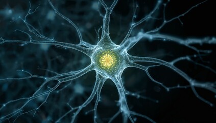 Glowing neuron soma radiating dendrites and axon-like projections in microscopic neural network