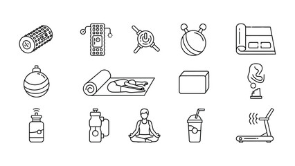Fitness Equipment Icons: A collection of various fitness equipment in simple icons, representing different tools and objects used for physical activity.