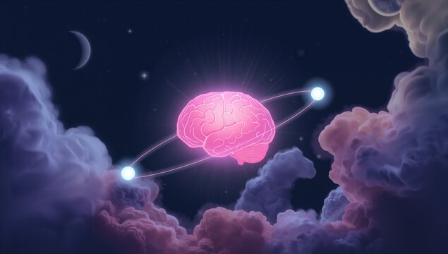 Hovering glowing pink brain amidst mauve clouds under indigo sky, with two white orbiting spheres - Powered by Adobe