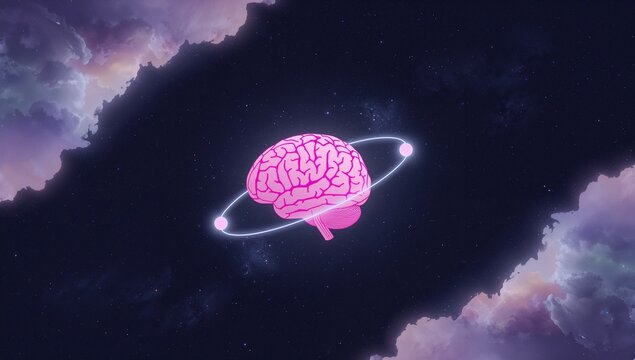Floating stylized pink brain inside glowing orbital ring in outer space, with two luminous spheres