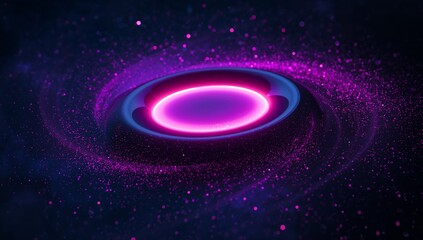 Glowing neon pink-purple ring casting swirling particle vortex amid cosmic void and starry sky