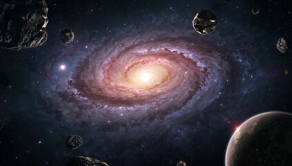 Displaying spiral galaxy showcasing bright core in outer space, with asteroids, planet and stars