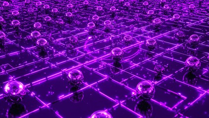 Obraz premium Neon purple grid stretching across digital floor, with mirror spheres and drifting light particles