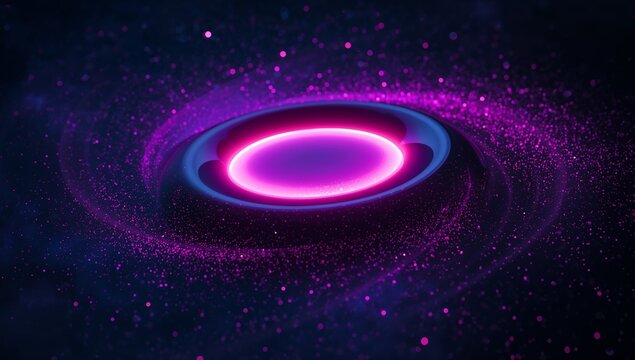 Glowing neon pink-purple ring casting swirling particle vortex amid cosmic void and starry sky