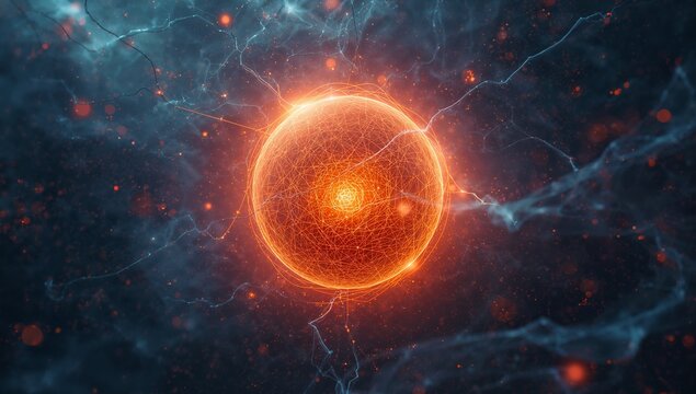 Glowing network sphere floating in dark cosmic void, with blue filaments, swirling orange particles