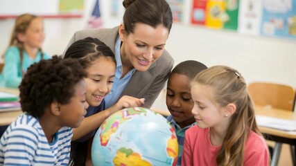 Engaging classroom moment with teacher and diverse students exploring geography concepts - Powered by Adobe