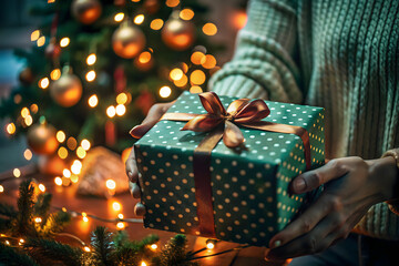 A person holding a beautifully wrapped Christmas gift box with festive wrapping paper , close-up of hands