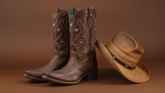 Displaying brown leather cowboy boots and straw cowboy hat on smooth brown desk, showing stitching - Powered by Adobe