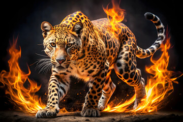 A photograph of a powerful leopard, wreathed in intense, dancing flames against a stark black background
