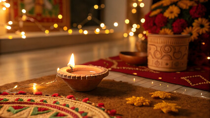 A small, delicate, clay diya, its gentle, flickering flame emitting a soft