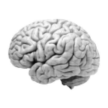 Halftone dotted illustration of a human brain. Abstract black and white pixel pattern symbolizing intelligence, science, AI, and creativity.