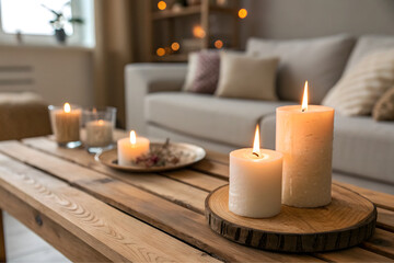 Burning candles on wooden table in living room, closeup