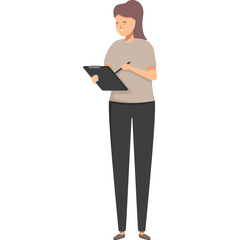 Smiling Young Woman with Brown Ponytail Wearing a Light Brown T Shirt and Dark Gray Pants Holding a Clipboard and Pen Engaged in Writing Isolated on a White Background