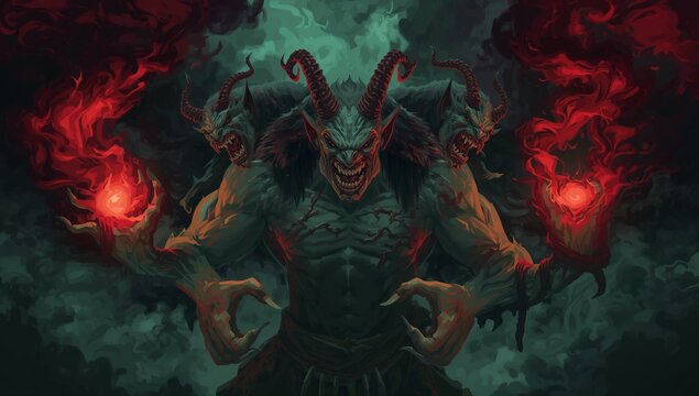 Standing three-headed demon summoning fiery red orbs inside infernal chamber, with ram-like horns - Powered by Adobe