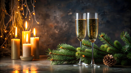 Glass of champagne with delicate bubbles and a slender stem, positioned beside a pair of tall golden candles