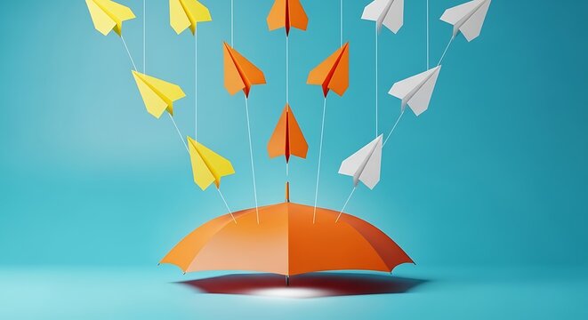 Paper airplanes falling towards an orange umbrella on a blue background - Powered by Adobe