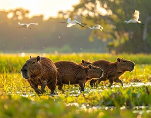 A family of capybaras walking through a wetland meadow with several herons flying overhead, vibrant colors, wide-angle composition