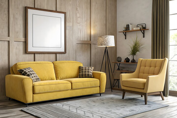 Interior poster mock up living room with yellow sofa arm shair