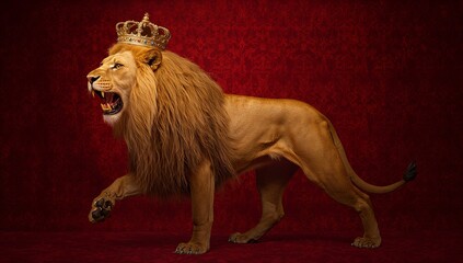 Obraz premium Roaring lion with golden mane advancing in studio with red velvet backdrop, with jeweled gold crown