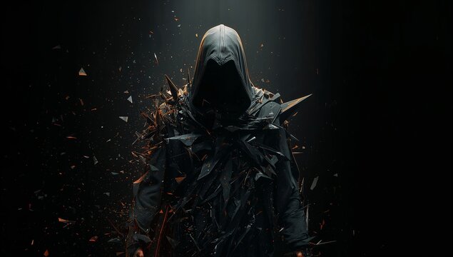 Standing hooded figure wearing black shard cloak under spotlight in dark void, with glowing shards
