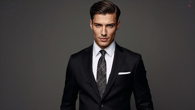Posing man wearing black suit jacket, patterned tie and white pocket square in professional studio