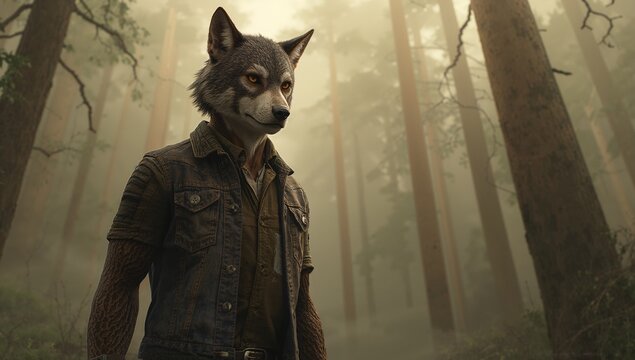 Standing wolf figure scanning foggy pine clearing, wearing denim jacket buttoned shirt leather belt - Powered by Adobe