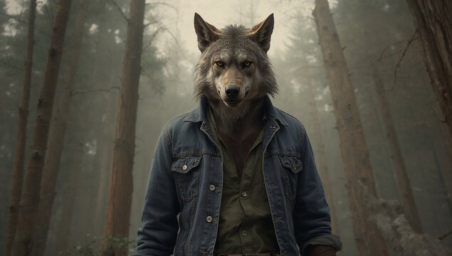 Anthropomorphic wolf standing in misty pine forest, wearing denim jacket and olive-green shirt - Powered by Adobe