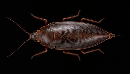 Displaying cockroach specimen showing wings and legs on matte black background with antennae detail