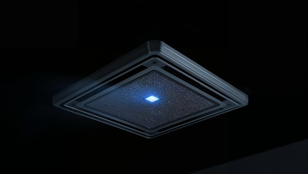 Hanging square metallic vent fixture emitting blue LED light in dark room ceiling, with mesh grille - Powered by Adobe