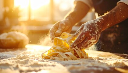 Golden Light Food Styling Making Fresh Pasta with Flour Dust
