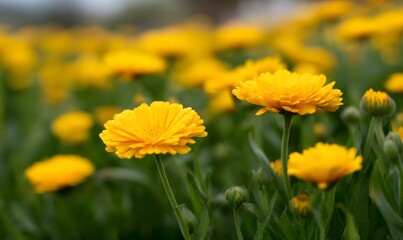 field full of yellow calendula flowers, minimal