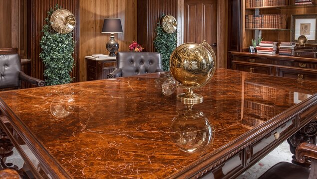 Featuring marble table reflecting gold-toned globe in executive library, with tufted leather chairs