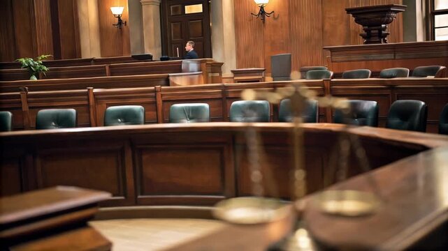 Symbol of Justice in a Courtroom, Scales of Justice on a Wooden Table